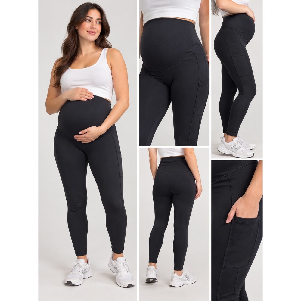 Poshdivah Womens Maternity Leggings Black Over Belly Pockets Size M Cropped Yoga